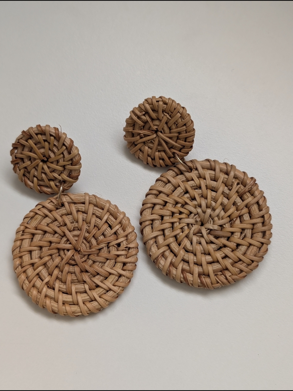 Handwoven Round Rattan Drop Earrings - Natural Brown